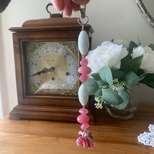 Pink and White Beaded Bag Charm Keychain